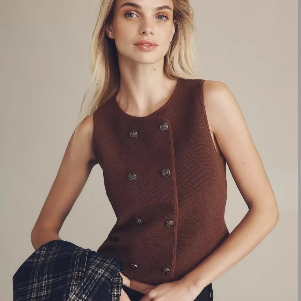 NWT Anthropologie x Dolan Left Coast Structured Button-Front Vest In Brown - S